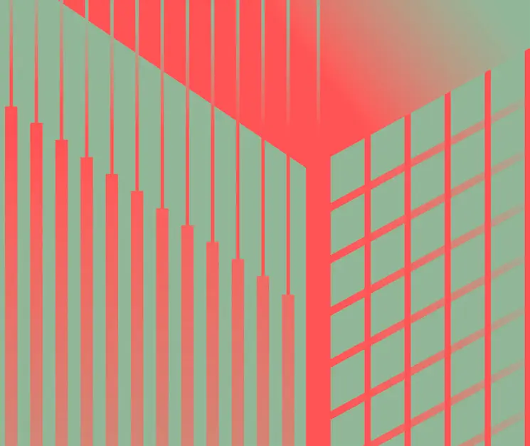 Coral and sage architectural line illustration for co-working